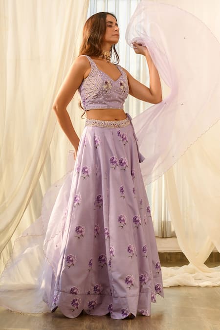 Buy_Pasha India_Purple Linen Embroidery, Sequins Sweetheart Floral Print Kalidar Lehenga Set _Online_at_Aza_Fashions