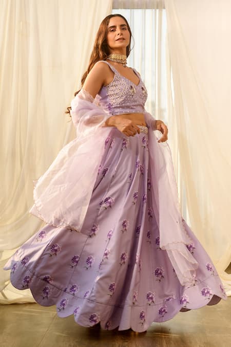 Pasha India_Purple Linen Embroidery, Sequins Sweetheart Floral Print Kalidar Lehenga Set _at_Aza_Fashions