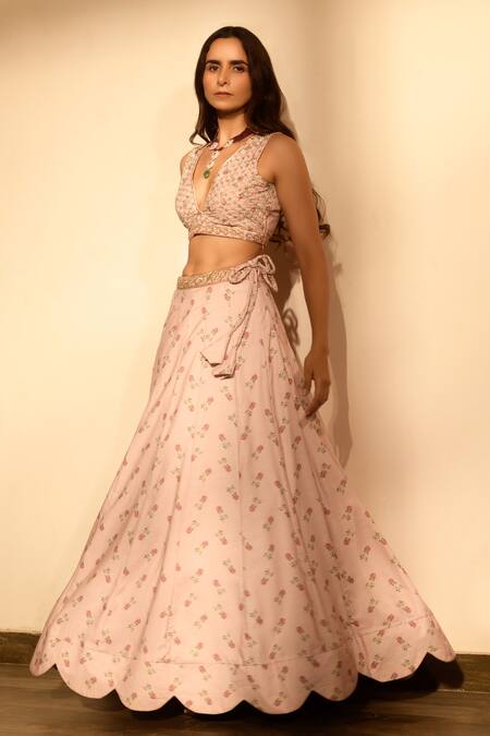Pasha India_Pink Linen, Chiffon Sequins, Embroidery, Pearls V-neck Floral Print Lehenga Set _at_Aza_Fashions