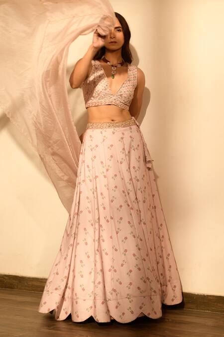 Buy_Pasha India_Pink Linen, Chiffon Sequins, Embroidery, Pearls V-neck Floral Print Lehenga Set 