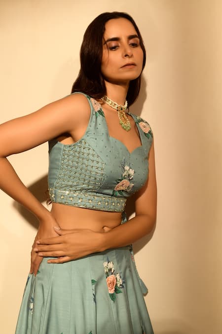 Pasha India_Green Linen, Chiffon Embroidery, Sequins Floral Print Kalidar Lehenga Set _Online_at_Aza_Fashions