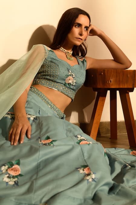 Shop_Pasha India_Green Linen, Chiffon Embroidery, Sequins Floral Print Kalidar Lehenga Set _Online_at_Aza_Fashions