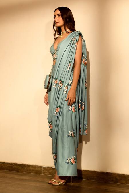 Pasha India_Green Linen Embroidery Plunge Neck Floral Print Pant Saree With Strappy Blouse _Online_at_Aza_Fashions