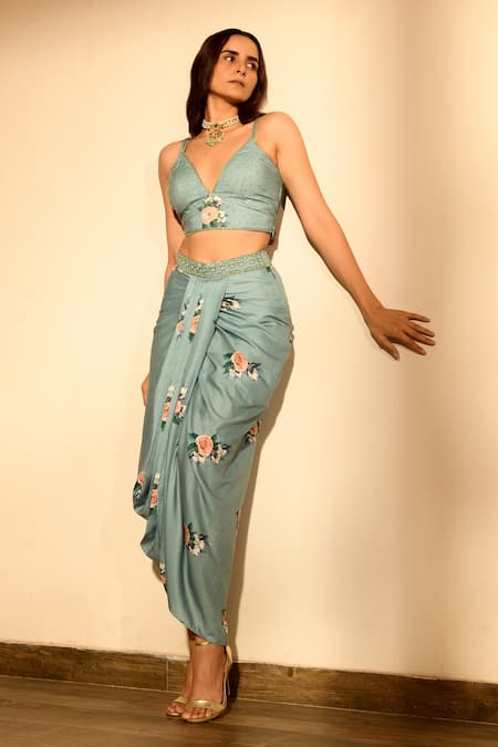 Buy_Pasha India_Green Linen Pearls, Embroidery, Cut Work, Floral Print Jacket And Skirt Set _Online_at_Aza_Fashions