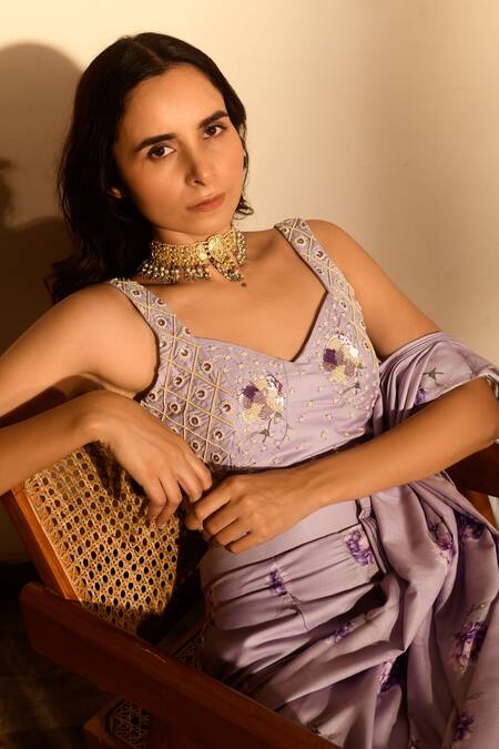 Pasha India Purple Linen Sequins, Pearls Sweetheart Neck Floral Print Pant Saree With Blouse at Aza Fashions Pasha India_Purple Linen Sequins, Pearls Sweetheart Neck Floral Print Pant Saree With Blouse _at_Aza_Fashions