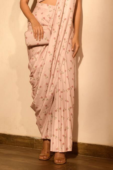 Pasha India Pink Linen Embroidery Halter Neck Floral Print Pant Saree With Blouse Online at Aza Fashions Pasha India_Pink Linen Embroidery Halter Neck Floral Print Pant Saree With Blouse _Online_at_Aza_Fashions