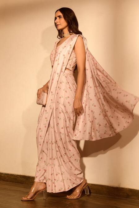 Buy Pasha India Pink Linen Embroidery Halter Neck Floral Print Pant Saree With Blouse Online at Aza Fashions Buy_Pasha India_Pink Linen Embroidery Halter Neck Floral Print Pant Saree With Blouse _Online_at_Aza_Fashions