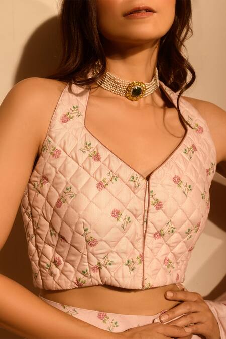 Shop Pasha India Pink Linen Embroidery Halter Neck Floral Print Pant Saree With Blouse Online at Aza Fashions Shop_Pasha India_Pink Linen Embroidery Halter Neck Floral Print Pant Saree With Blouse _Online_at_Aza_Fashions