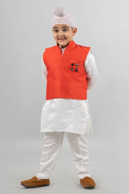 Buy Darleen Kids Couture Red Chanderi, Tussar Embroidery Hand Bundi Kurta Set Online at Aza Fashions Buy_Darleen Kids Couture_Red Chanderi, Tussar Embroidery Hand Bundi Kurta Set _Online_at_Aza_Fashions