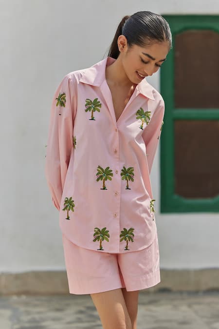Betrue Peach Cotton Embroidery Collared Hand Shirt And Shorts Set Online at Aza Fashions Betrue_Peach Cotton Embroidery Collared Hand Shirt And Shorts Set _Online_at_Aza_Fashions
