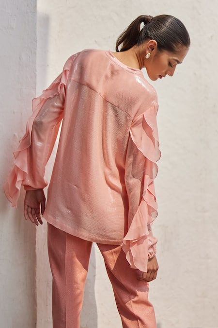 Shop Betrue Peach Georgette Tassels Open Neck Solid Ruffled Sleeve Shirt Online at Aza Fashions Shop_Betrue_Peach Georgette Tassels Open Neck Solid Ruffled Sleeve Shirt _Online_at_Aza_Fashions
