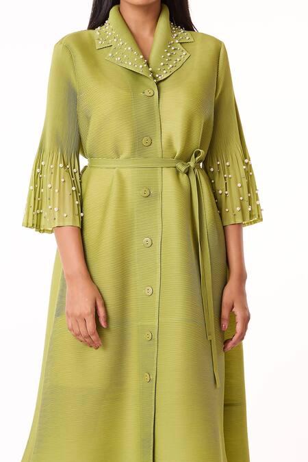Scarlet Sage_Green Polyester Pearls Collared Embellished A-line Shirt Dress_Online_at_Aza_Fashions
