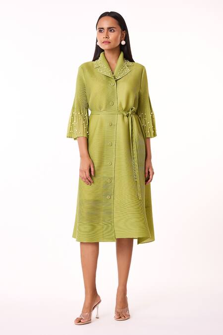 Buy_Scarlet Sage_Green Polyester Pearls Collared Embellished A-line Shirt Dress_Online_at_Aza_Fashions