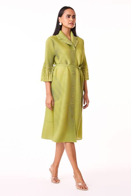 Shop_Scarlet Sage_Green Polyester Pearls Collared Embellished A-line Shirt Dress_Online_at_Aza_Fashions