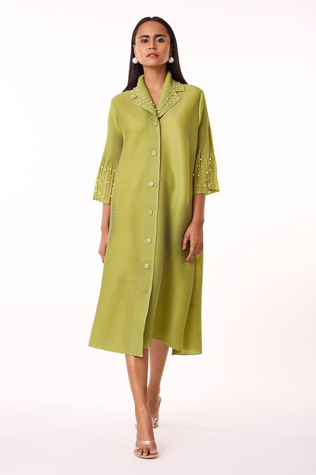 Scarlet Sage_Green Polyester Pearls Collared Embellished A-line Shirt Dress_at_Aza_Fashions