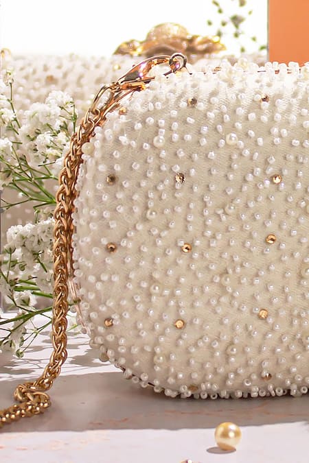 Shop_Amyra_White Beads, Embroidery Perla Capsule Clutch _Online_at_Aza_Fashions