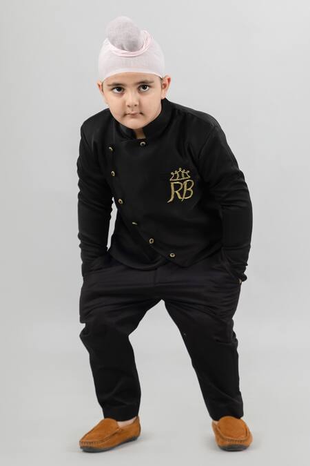 Buy Darleen Kids Couture Black Tussar, Cotton, Silk Embroidery Hand Jodhpuri And Pant Set Online at Aza Fashions Buy_Darleen Kids Couture_Black Tussar, Cotton, Silk Embroidery Hand Jodhpuri And Pant Set _Online_at_Aza_Fashions