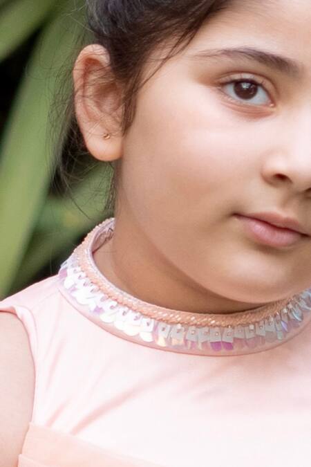 Darleen Kids Couture_Peach Net, Taffeta Sequins, Crystals Petra Embellished Neck Dress _Online_at_Aza_Fashions