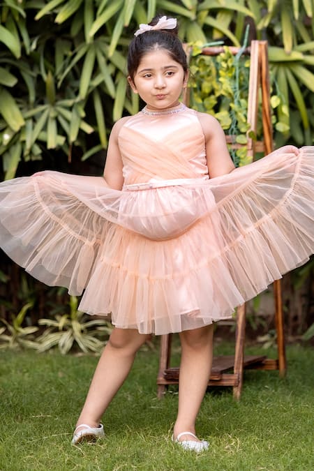 Buy_Darleen Kids Couture_Peach Net, Taffeta Sequins, Crystals Petra Embellished Neck Dress _Online_at_Aza_Fashions