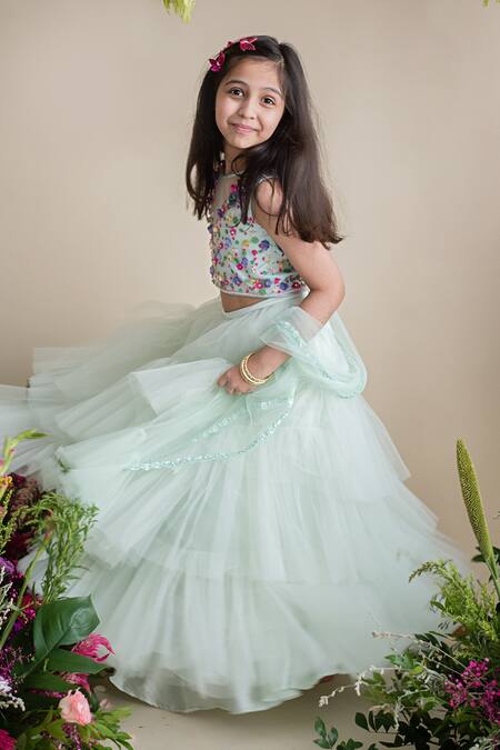 Buy_PA:Paa_Green Tulle Embroidery Applique Layered Lehenga Set