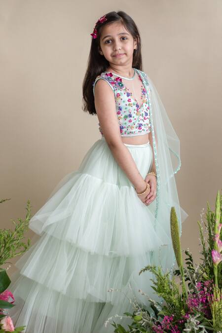 Buy_PA:Paa_Green Tulle Embroidery Applique Layered Lehenga Set_Online_at_Aza_Fashions