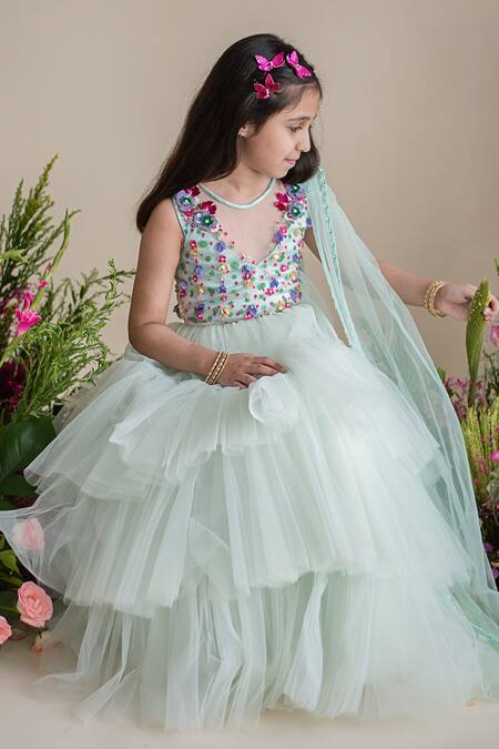 Shop_PA:Paa_Green Tulle Embroidery Applique Layered Lehenga Set_Online_at_Aza_Fashions