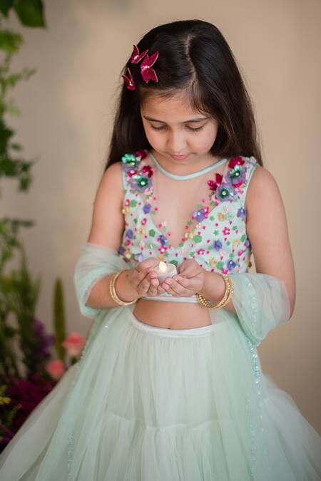 PA:Paa_Green Tulle Embroidery Applique Layered Lehenga Set_at_Aza_Fashions