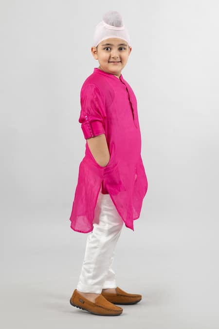 Buy_Darleen Kids Couture_Magenta Chanderi Embroidery Kurta And Pant Set _Online_at_Aza_Fashions