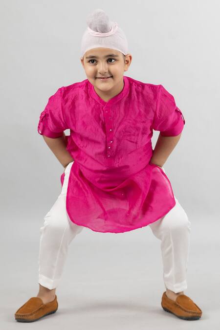 Buy Darleen Kids Couture Magenta Chanderi Mirrors Band Collar Kurta Online at Aza Fashions Buy_Darleen Kids Couture_Magenta Chanderi Mirrors Band Collar Kurta _Online_at_Aza_Fashions