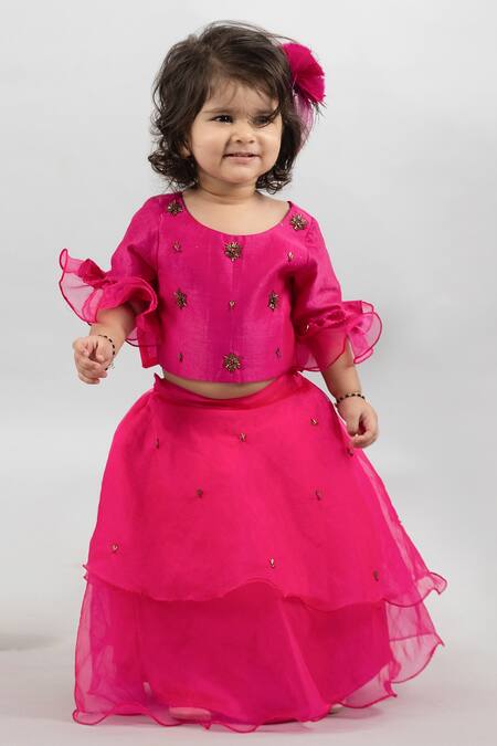 Darleen Kids Couture Magenta Chanderi, Organza, Satin Phooljhadi Embroidered Crop Top Lehenga Set Online at Aza Fashions Darleen Kids Couture_Magenta Chanderi, Organza, Satin Phooljhadi Embroidered Crop Top Lehenga Set _Online_at_Aza_Fashions