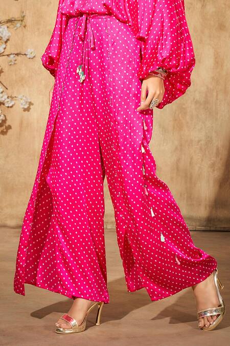 Buy_Aditi Somani_Pink Modal Satin Print Bandhani V Neck Pattern Blouse With Double Flap Pant_Online_at_Aza_Fashions