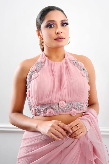 Amrta By Guneet Kondal_Pink Organza, Chiffon, Viscose Pearls, Pre-draped Ruffle Saree With Blouse _at_Aza_Fashions