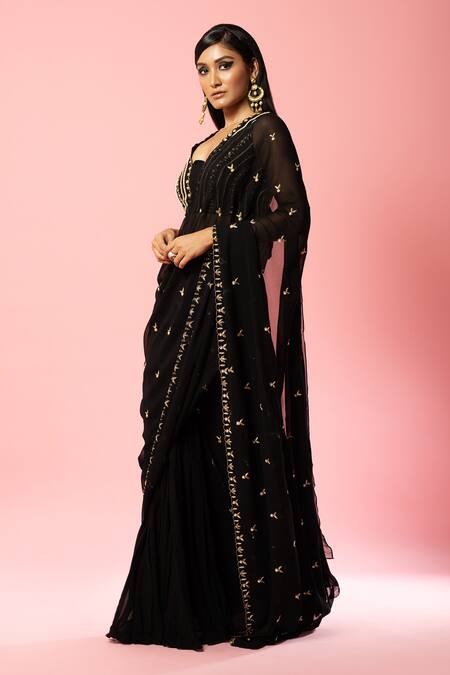 Quench A Thirst Black Georgette Cut Work Scoop Neck Pre-stitched Saree With Embroidered Blouse Online at Aza Fashions Quench A Thirst_Black Georgette Cut Work Scoop Neck Pre-stitched Saree With Embroidered Blouse _Online_at_Aza_Fashions