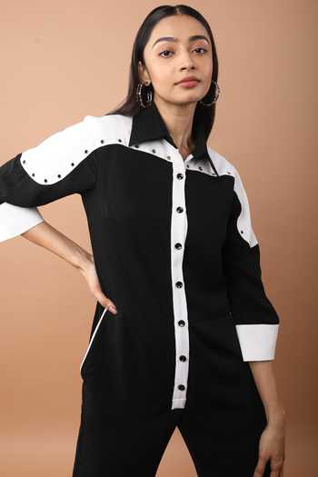 Veera Wear_Black Georgette Collared Button Down Jumpsuit _Online_at_Aza_Fashions