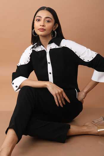 Buy_Veera Wear_Black Georgette Collared Button Down Jumpsuit _Online_at_Aza_Fashions