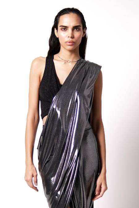 Shop_431-88 By Shweta Kapur_Grey Jersey, Silk V-neck Waterfall Pre-draped Saree With Shimmer Top_Online_at_Aza_Fashions