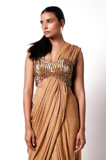 Buy_431-88 By Shweta Kapur_Gold Silk, Jersey Sequins Sweetheart Star Pre-draped Saree With Corset Bustier_Online_at_Aza_Fashions