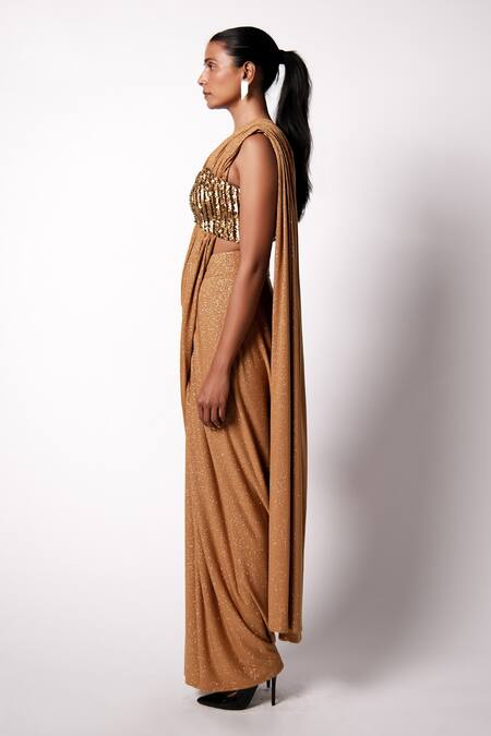 Shop_431-88 By Shweta Kapur_Gold Silk, Jersey Sequins Sweetheart Star Pre-draped Saree With Corset Bustier_Online_at_Aza_Fashions