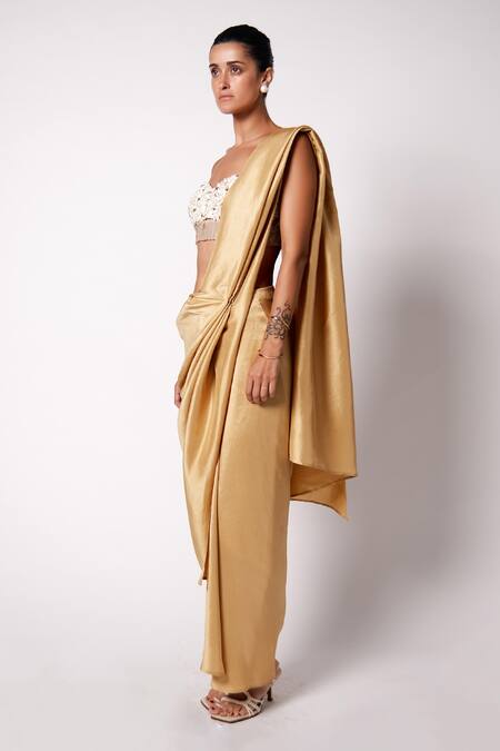 431-88 By Shweta Kapur_Gold Silk Sequins, Embroidery Masai Pre-draped Saree With Iris Bustier_Online_at_Aza_Fashions