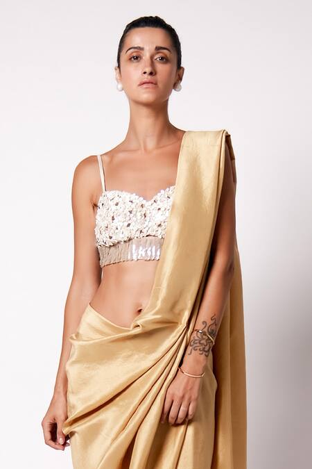 Buy_431-88 By Shweta Kapur_Gold Silk Sequins, Embroidery Masai Pre-draped Saree With Iris Bustier_Online_at_Aza_Fashions