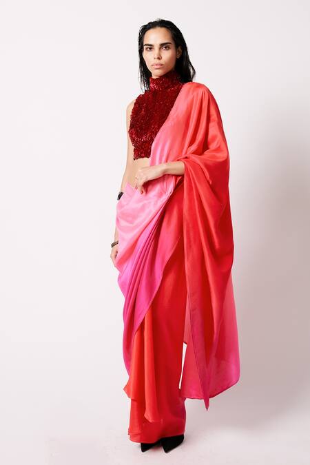 Buy_431-88 By Shweta Kapur_Red Silk Sequins High Neck Masai Pre-draped Saree With Tasha Blouse_Online_at_Aza_Fashions