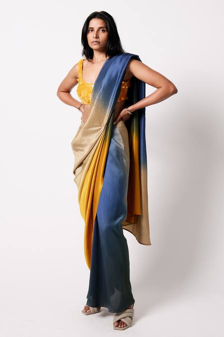 431-88 By Shweta Kapur_Yellow Silk Sequins Square Neck Masai Pre-draped Saree With Embroidered Blouse_Online_at_Aza_Fashions
