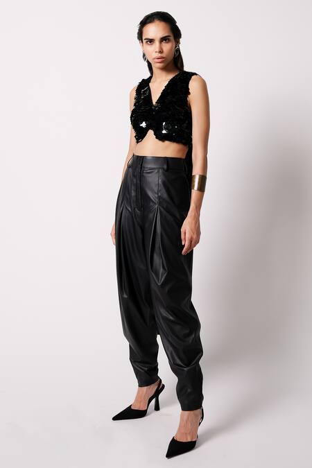 Buy_431-88 By Shweta Kapur_Black Leather Cargo Pant_Online_at_Aza_Fashions