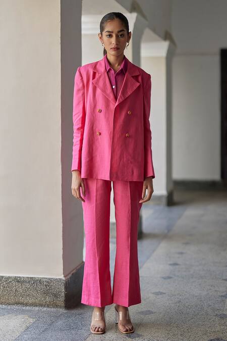 Betrue Pink Linen, Gingham Embroidery Double Breasted Blazer And Flared Pant Set Online at Aza Fashions Betrue_Pink Linen, Gingham Embroidery Double Breasted Blazer And Flared Pant Set _Online_at_Aza_Fashions