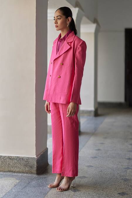 Buy Betrue Pink Linen, Gingham Embroidery Double Breasted Blazer And Flared Pant Set Online at Aza Fashions Buy_Betrue_Pink Linen, Gingham Embroidery Double Breasted Blazer And Flared Pant Set _Online_at_Aza_Fashions