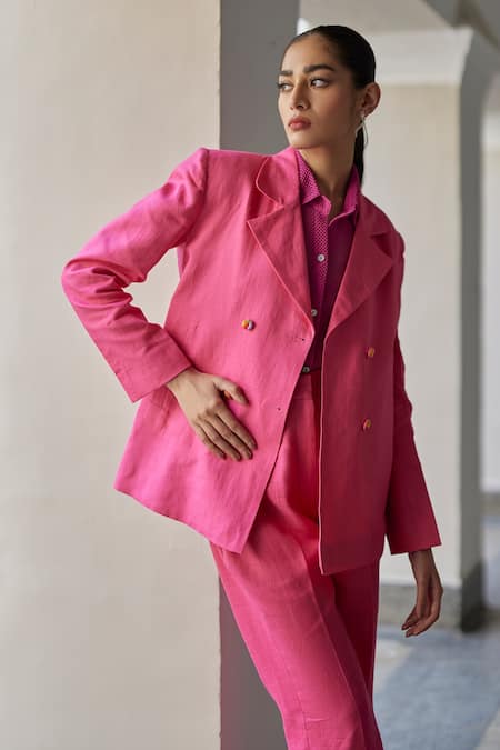 Shop Betrue Pink Linen, Gingham Embroidery Double Breasted Blazer And Flared Pant Set Online at Aza Fashions Shop_Betrue_Pink Linen, Gingham Embroidery Double Breasted Blazer And Flared Pant Set _Online_at_Aza_Fashions