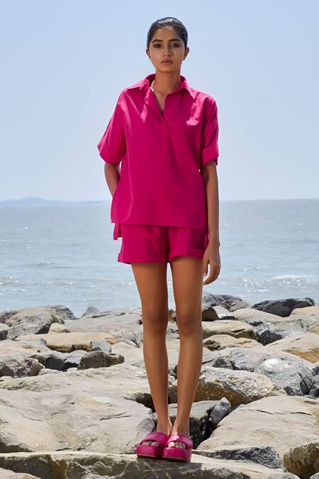 Shop_MATI_1_Pink Cotton Collared Ekin Solid Shirt And Shorts Set _Online_at_Aza_Fashions