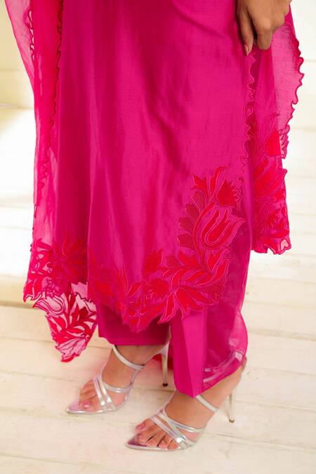 Shop Omana By Ranjana Bothra Pink Chanderi, Organza Applique, Cut Shahin Placement Embroidered Kurta Set Online at Aza Fashions Shop_Omana By Ranjana Bothra_Pink Chanderi, Organza Applique, Cut Shahin Placement Embroidered Kurta Set _Online_at_Aza_Fashions
