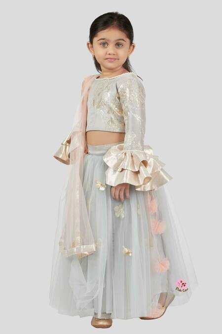 Pinkcow designs pvt ltd_Grey Brocade, Net Pearls, Fabric Flowers Blouse With Lehenga Set_Online_at_Aza_Fashions