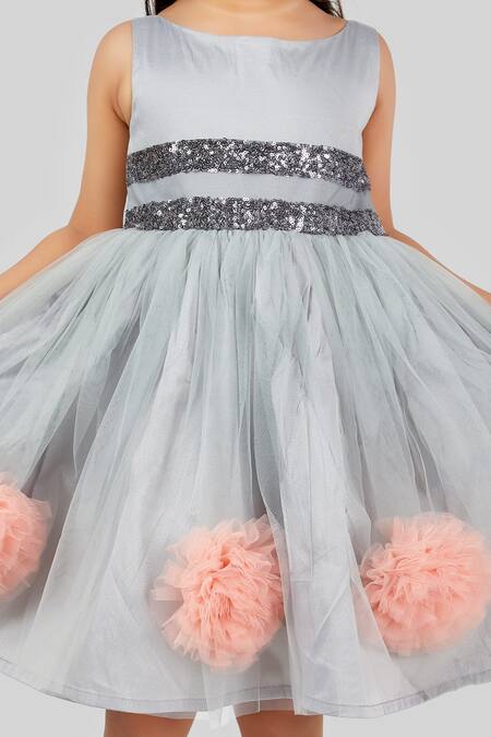 Pinkcow designs pvt ltd_Grey Net, Crepe Pom-poms, Sequins And Pompom Embellished Dress _Online_at_Aza_Fashions